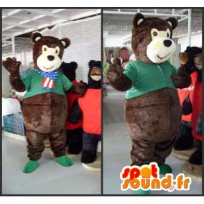 Bären-Maskottchen Plüsch braun mit einem grünen T-Shirt - MASFR00820 - Bär Maskottchen