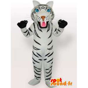 Hvid og sort stribet tigermaskot med handsker som tilbehør -