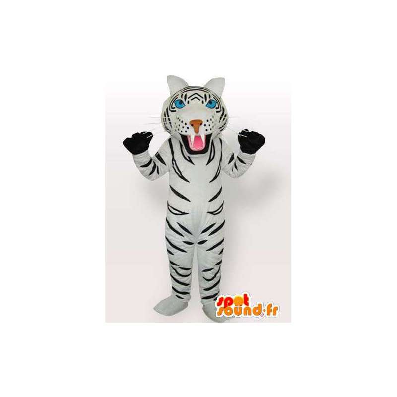 Mascotte tigre rayé blanc et noir avec gants en accessoires - MASFR00574 - Mascottes Tigre