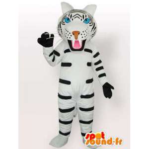 Hvid og sort stribet tigermaskot med handsker som tilbehør -