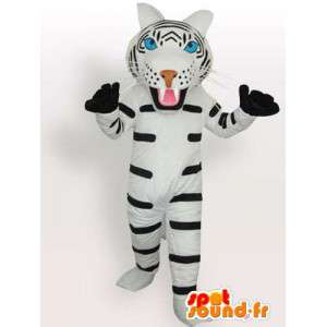 Mascotte tigre rayé blanc et noir avec gants en accessoires - MASFR00574 - Mascottes Tigre