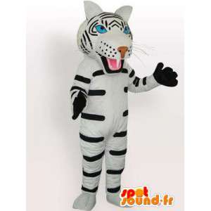 Mascotte tigre rayé blanc et noir avec gants en accessoires - MASFR00574 - Mascottes Tigre