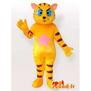 Mascot yellow and black striped cat with blue eyes - MASFR00845 - Cat mascots