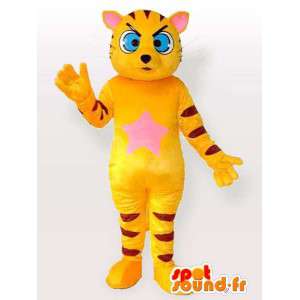 Mascotte de chat rayé jaune et noir avec yeux bleus - MASFR00845 - Mascottes de chat