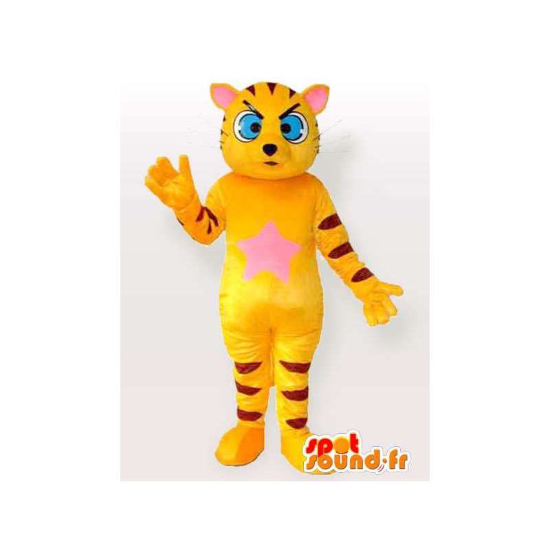 Mascot gatto giallo e nero a strisce con gli occhi azzurri - MASFR00845 - Mascotte gatto