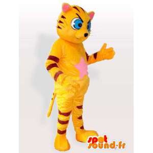 Gestreepte kat mascotte geel en zwart met blauwe ogen - MASFR00845 - Cat Mascottes