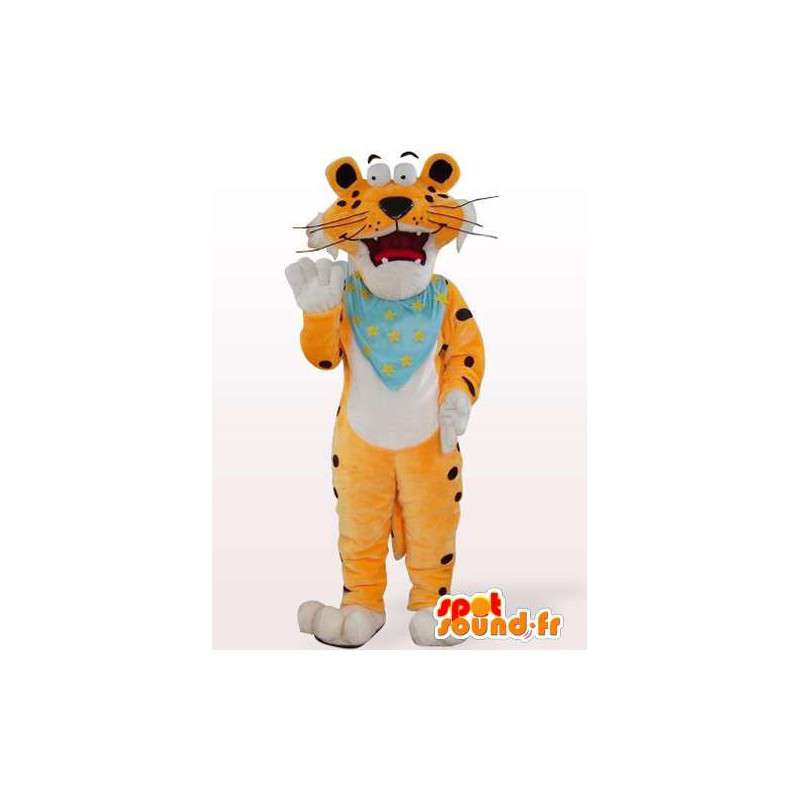 Mascote do tigre laranja com mata-borrão azul personalizada - MASFR00849 - Tiger Mascotes