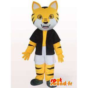 Raidallinen kissa maskotti musta ja keltainen varusteineen - MASFR00853 - kissa Maskotteja