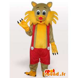 Mascotte chat à bretelles jaune et rouge - Costume de salopette - MASFR00250 - Mascottes de chat