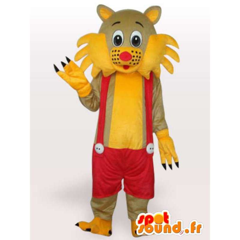 Mascot kat gele en rode bretels - overalls Costume - MASFR00250 - Cat Mascottes