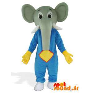 Blå elefantmaskot har försvar och gula handskar -