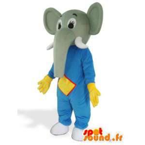 Elephant Mascot luvas azuis e amarelas na defesa - Traje Savannah - MASFR00564 - Elephant Mascot