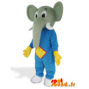 Blå elefantmaskot har försvar och gula handskar -