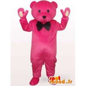 Mascotte bjørn i rosa dress fylt med svart tversoversløyfe - MASFR00704 - bjørn Mascot