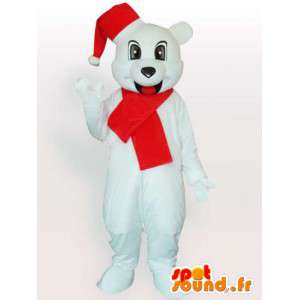 Mascotte d'ours blanc avec bonnet de Noël et écharpe rouge - MASFR00705 - Mascotte d'ours