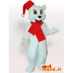 Mascot Polar Bear with Christmas hat and red scarf - MASFR00705 - Bear mascot
