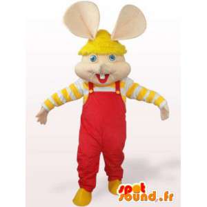 Musmaskot - kanin i rød overall og gule ærmer - Spotsound maskot