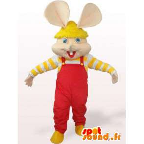 Mascotte de souris - lapin en salopette rouge et manches jaunes - MASFR00756 - Mascotte de lapins