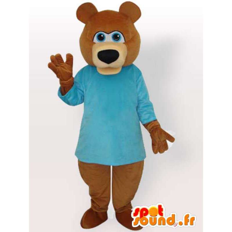 青いセーターと茶色のクマのマスコット-茶色の動物の衣装-MASFR00893-クマのマスコット