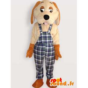 Hundmaskot med rutiga overaller - Hunddräkt - Spotsound maskot