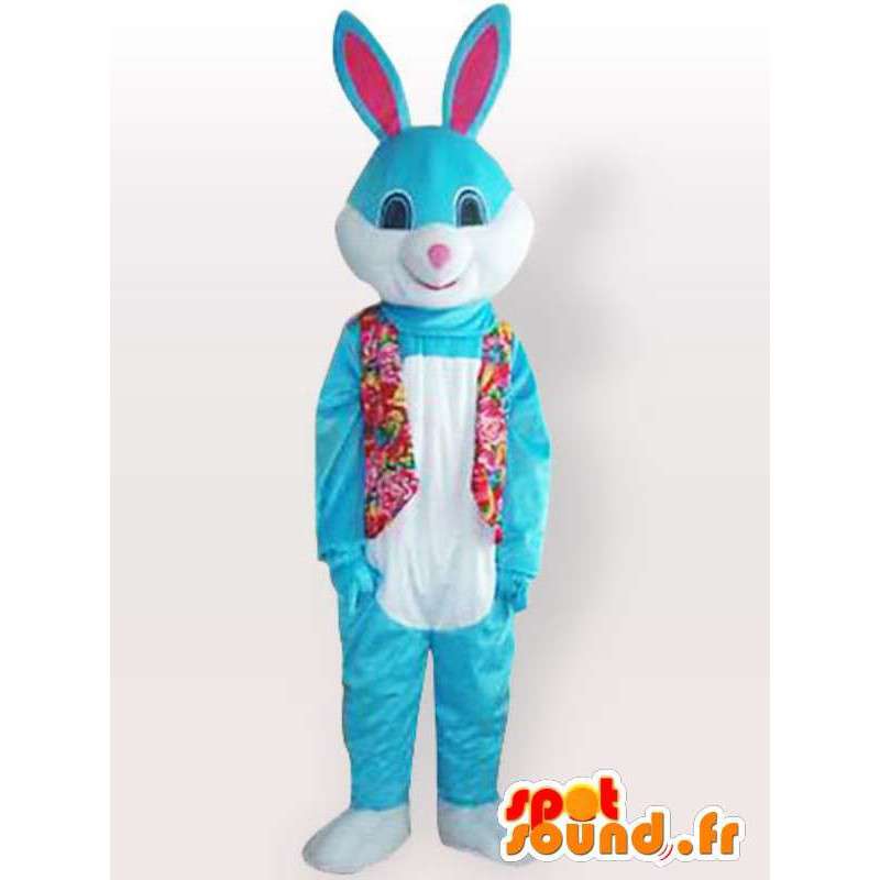 花柄のベストと青いウサギのマスコット-ウサギの衣装-MASFR001140-ウサギのマスコット