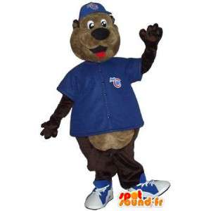 Brown bear mascot with blue obliged to support - MASFR001519 - Bear mascot