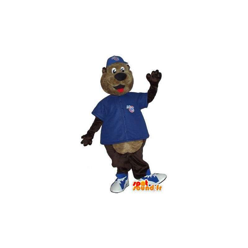 Av brunbjørn maskot med blå kreves for å støtte - MASFR001519 - bjørn Mascot