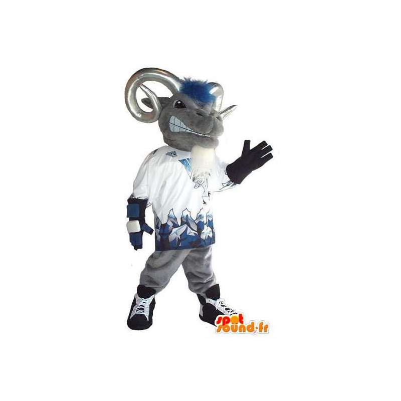 Mascot grauen Widder mit den Hörnern an die Fans - MASFR001520 - Bull-Maskottchen