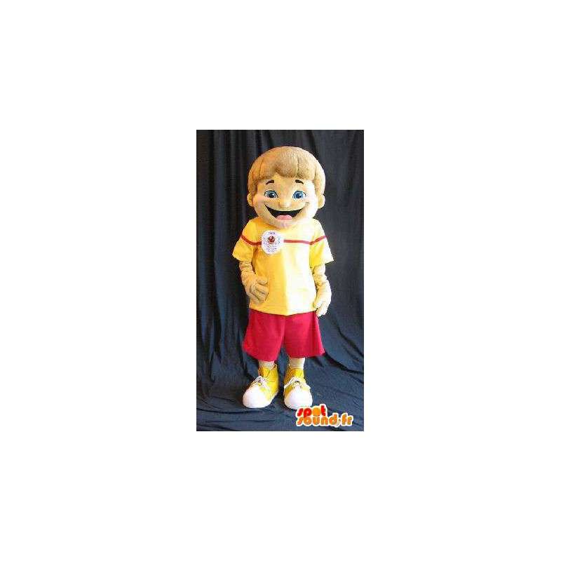 Mascotte d'un jeune garçon en tenue estivale rouge et jaune - MASFR001585 - Mascottes Garçons et Filles