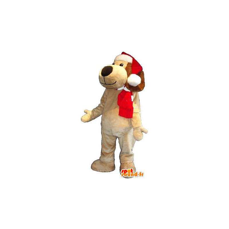 Maskot som föreställer en hund med hatt, förklädnad för jul -