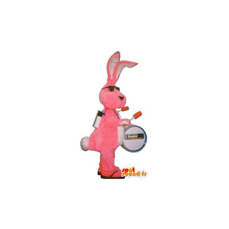 Mascot representando uma banda de um homem disfarçado de coelho rosa - MASFR001735 - coelhos mascote