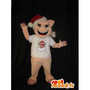 Mascote porco com chapéu de Natal, traje porco - MASFR001847 - Mascotes Natal