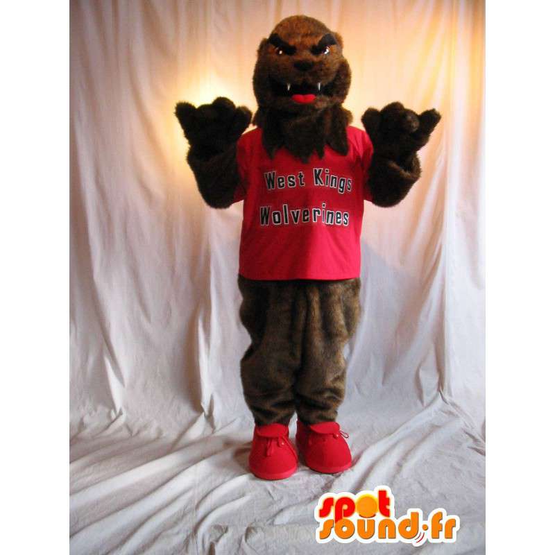 Mascote do lobo em teeshirt vermelho, carrega o traje - MASFR001866 - lobo Mascotes