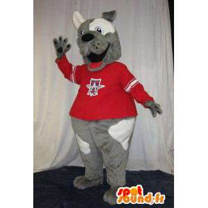 Mascot dog bicolour held fan, bear costume - MASFR001875 - Dog mascots