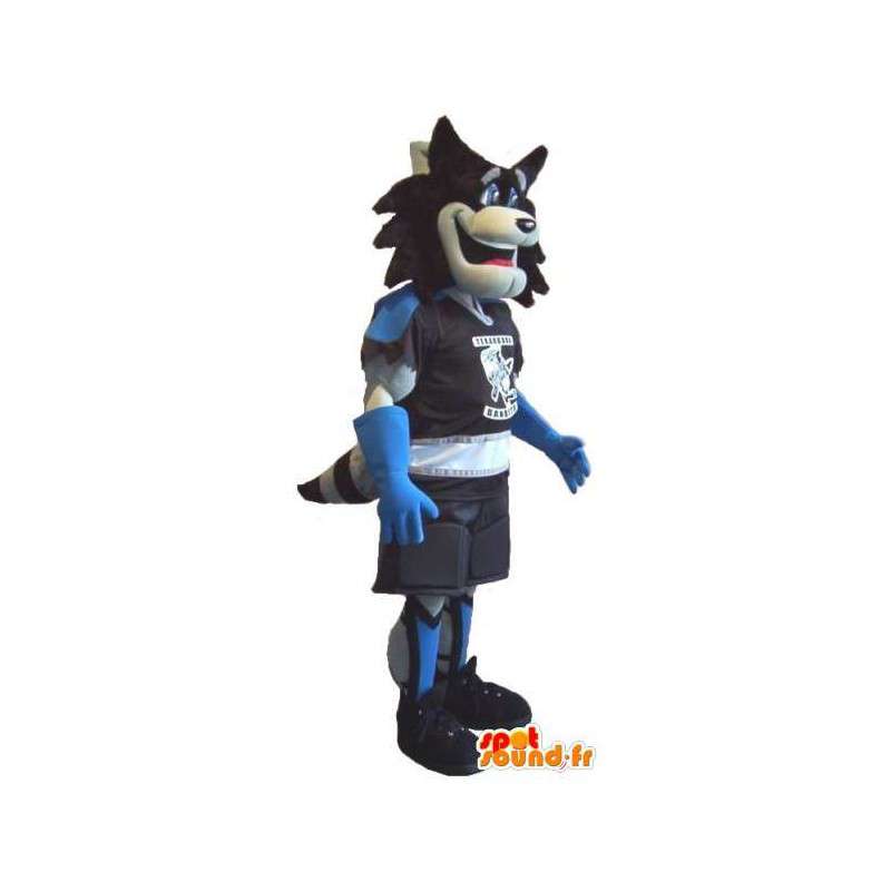 Mascote do lobo segurando Roller, disfarçado de patins - MASFR001931 - lobo Mascotes