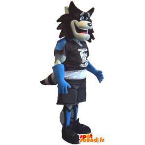 Mascote do lobo segurando Roller, disfarçado de patins - MASFR001931 - lobo Mascotes