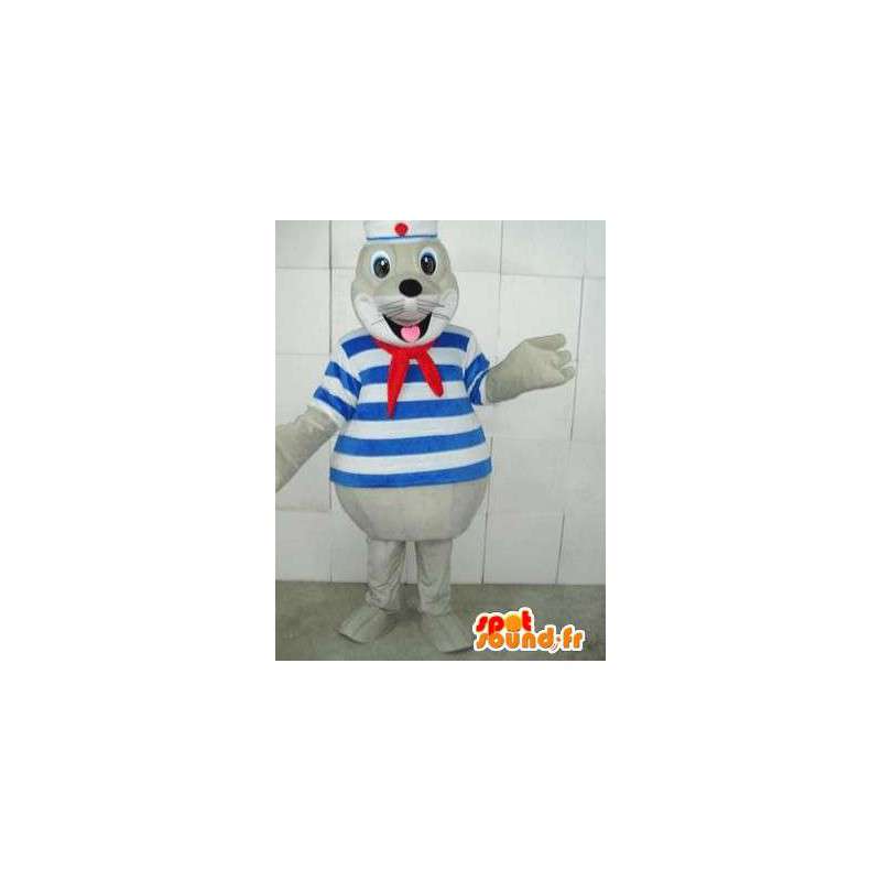 Mascota Seal Marina con cinta roja y azul marino túnica a rayas - MASFR00233 - Sello de mascotas