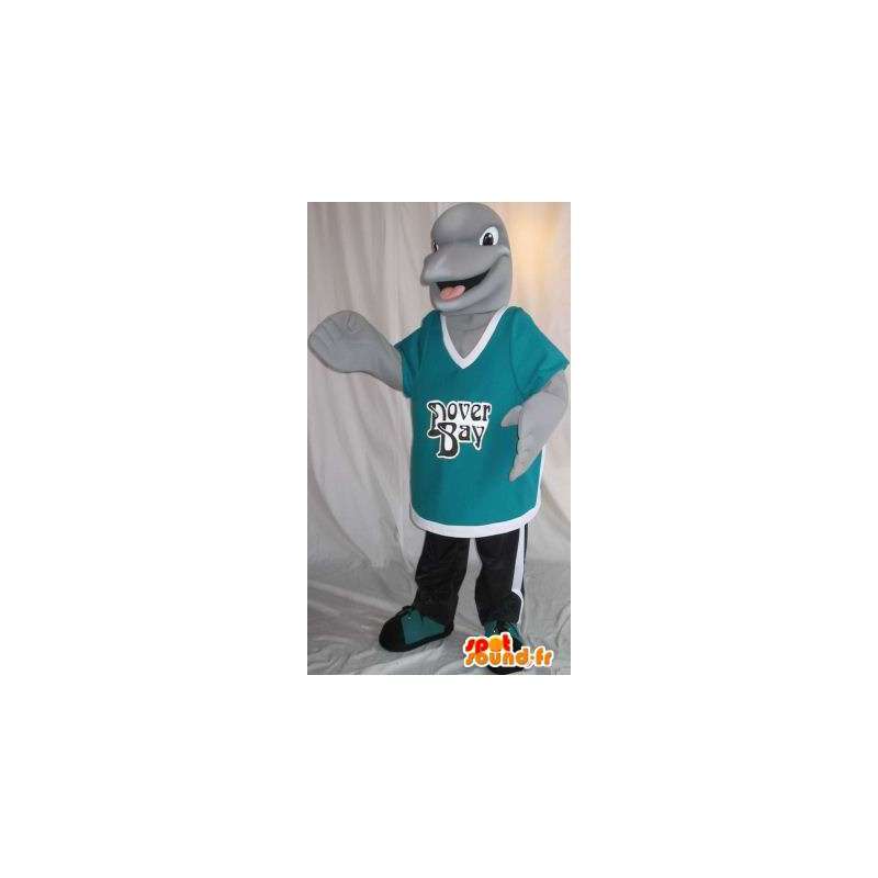 Mascot wat neerkomt op een kleine grijze dolfijn, aquatisch vermomming  - MASFR001986 - Dolphin Mascot