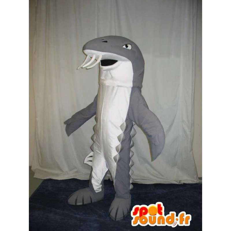 Mascot wat neerkomt op een grijze haai, zee tanden vermomming - MASFR001991 - mascottes Shark