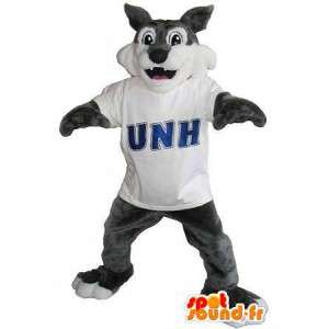 Mascot wat neerkomt op een gelukkige wolf, bos vermomming - MASFR002070 - Wolf Mascottes