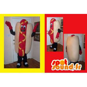 Mascot wat neerkomt op een hot dog, fast food vermomming - MASFR002203 - Fast Food Mascottes