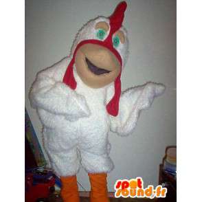 Maskot som representerar en vänlig kyckling, gårdsklädsel -
