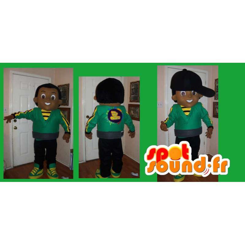 Maskot av en tonåring med hiphop-look, Jamaica-kostym -