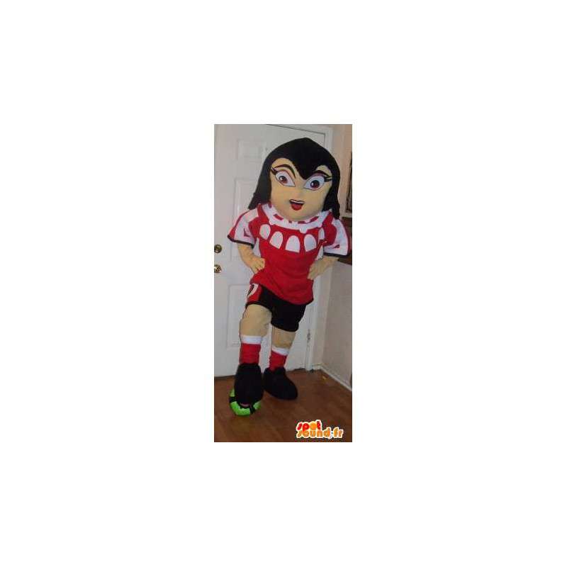 Mascot girl holding football, footballer disguise - MASFR002218 - Sports mascot