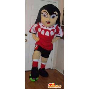 Mascot girl holding football, footballer disguise - MASFR002218 - Sports mascot