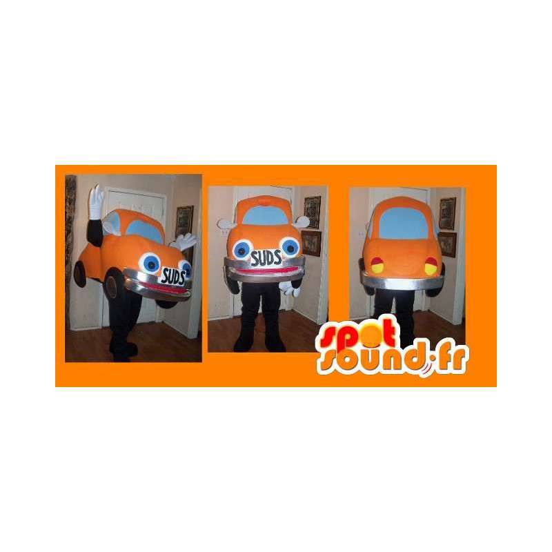 Mascot wat neerkomt op een oranje auto, lieveheersbeestjekostuum - MASFR002238 - mascottes objecten