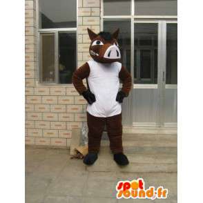 Mascotte Cheval Marron avec T-Shirt Blanc - Costume de soirée - MASFR00183 - Mascottes Cheval