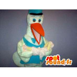 Mascotte de cigogne en gilet bleu, déguisement pour naissance - MASFR002335 - Mascotte d'oiseaux