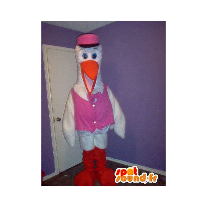 Mascotte de cigogne en gilet rose, déguisement pour naissance - MASFR002336 - Mascotte d'oiseaux