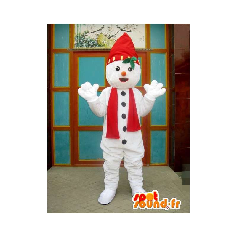 Röd och vit snöälvmaskot med hatt och halsduk - Spotsound maskot